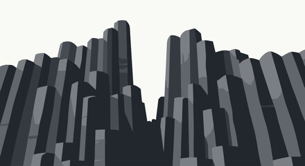 A minimalistic illustration of towering dark grey basalt-like columns forming a dramatic geological landscape under a bright sky.