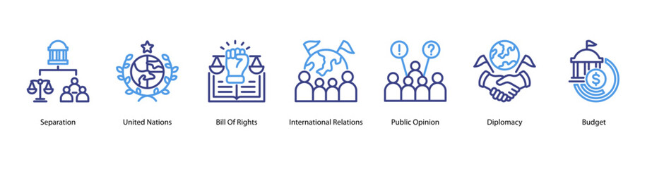 Political Foundations web banner icon vector illustration for separation of power, United Nations, Bill of Rights, international relations, public opinion, diplomacy, and budget.