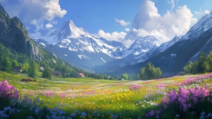 A vibrant meadow filled with wildflowers beneath snow capped mountains and a clear blue sky above it all