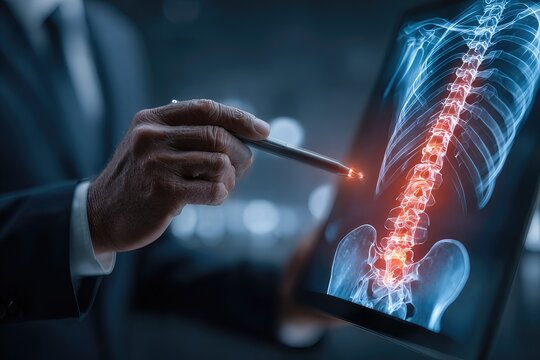 Mature adult man doctor analyzing spine pain on digital X-ray scan with stylus