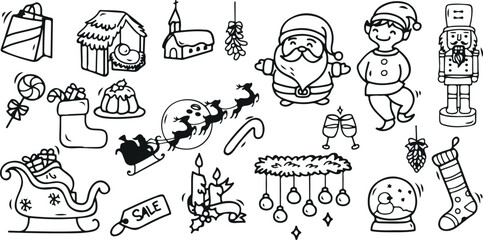 Christmas Doodle Vector Set – Santa Claus, Tree, Gifts, Celebration, Ornaments, Holiday, Snow, Winter, Joy, New Year, Sleigh, Christmas Icons, Lights, Reindeer, Cute, Hand-Drawn, Festive, Season