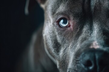 Close up portrait of a grey Pit Bull dog with a piercing blue eye