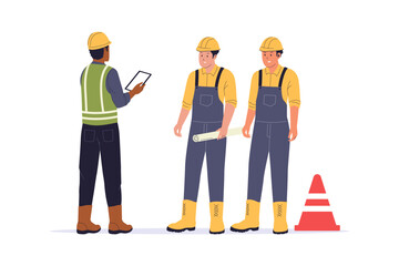 Obraz premium Construction Workers Team briefing Illustration. Flat Vector Illustration