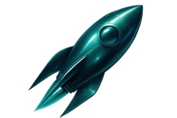 Turquoise vintage space rocket flying upward with transparent background, ideal for space exploration and retro-futuristic designs