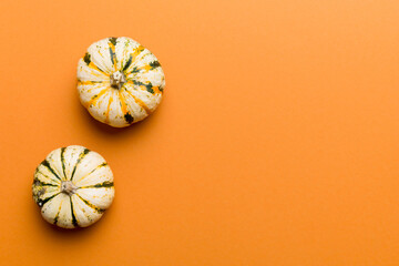 Autumn composition of little orange pumpkins on colored table background. Fall, Halloween and...