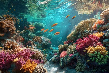 Naklejka premium An underwater scene showcasing vibrant coral reefs and colorful fish