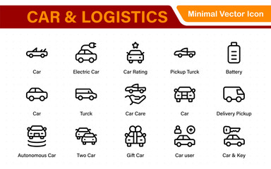Car and logistics icons in modern thin line style. Covers vehicle hire, transport services, road trips, navigation, fuel, maintenance, and car-related logistics.