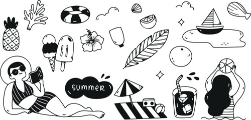 Summer Beach Vacation Doodle Set – Ice Cream, Coconut, Flip Flops, Sunglasses, Tropical Fun Elements, Holiday Icons