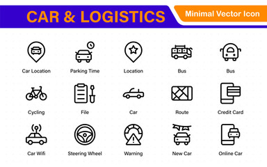 Car and logistics icons in modern thin line style. Covers vehicle hire, transport services, road trips, navigation, fuel, maintenance, and car-related logistics.