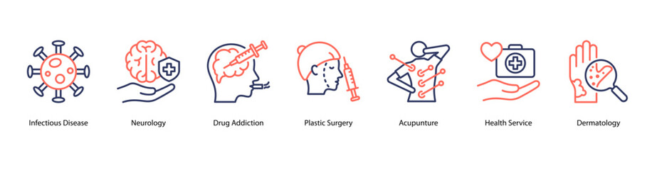 Medical Fields web banner icon vector illustration featuring Infectious Disease, Neurology, Drug Addiction, Plastic Surgery, Acupuncture, Health Service, and Dermatology.