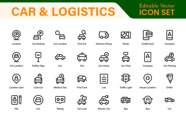 Car and logistics icons in modern thin line style. Covers vehicle hire, transport services, road trips, navigation, fuel, maintenance, and car-related logistics.
