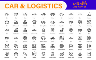 Car and logistics icons in modern thin line style. Covers vehicle hire, transport services, road trips, navigation, fuel, maintenance, and car-related logistics.