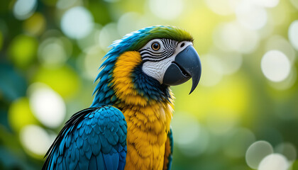 Obraz premium Vibrant Blue-and-Gold Macaw Parrot in Lush Tropical Setting