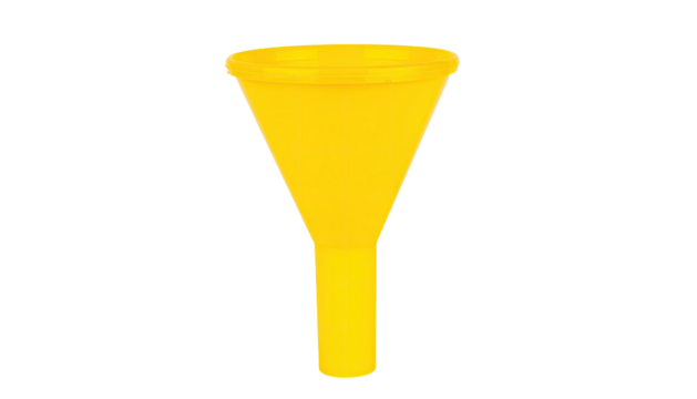 Bright Yellow Plastic Liquid Funnel with Wide Spout and Tapered Neck Isolated on White Background