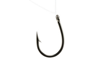 Sharp metal fishing hook with barb isolated on transparent background