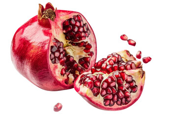 fresh pomegranate fruit, cut open on transparent background