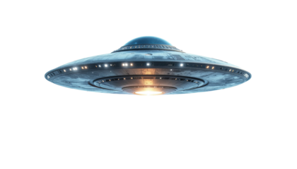 Futuristic Flying UFO Spaceship Hovering in Outer Space with Glowing Lights Isolated on White Background