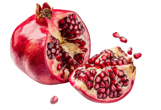 fresh pomegranate fruit, cut open on transparent background