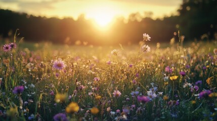 Fototapeta premium Colorful wildflowers in a meadow at sunset.