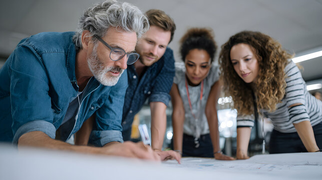 A team of four colleagues collaborating over blueprints, demonstrating a focused approach