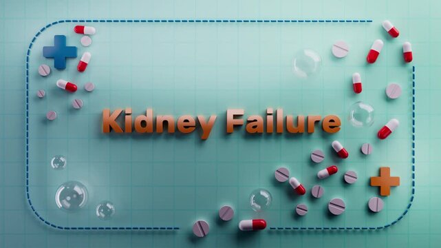 Animated text "Kidney Failure" on a 3D medical background. Ideal for biology education, cellular energy visuals, metabolic health, nutritional science, wellness content, or scientific medical projects