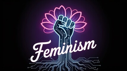 Naklejka premium Feminism and Empowerment: A digital artwork symbolizing feminism with a raised fist intertwined with a lotus flower against a backdrop of vibrant colors, representing the strength, resilience.