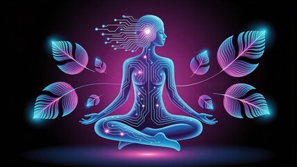 Digital Serenity: A digital illustration that represents inner peace, technological fusion, and a serene embodiment of human consciousness. A captivating artwork.