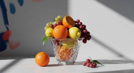 Fruit still life oranges, lemons, grapes, in a crystal bowl, bright sunlight