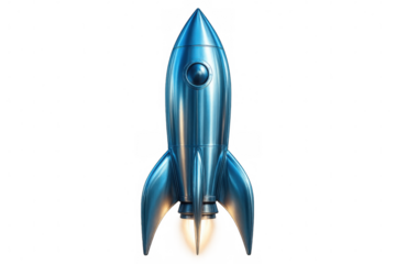 Shiny blue metallic rocket ship launching on a transparent background, symbolizing business startup, innovation, and growth
