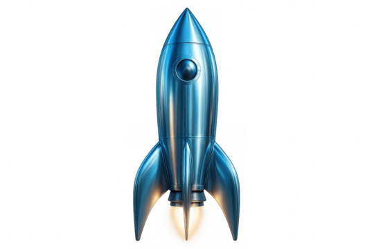 Shiny blue metallic rocket ship launching on a transparent background, symbolizing business startup, innovation, and growth