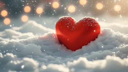 Fototapeta premium A vibrant red heart resting gently in a bed of pristine snow, symbolizing love, warmth, and the beauty found within winter's embrace, with a soft, bokeh backdrop