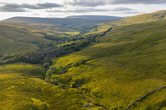 Aerial View of Dent Head Viaduct in Yorkshire Dales Countryside