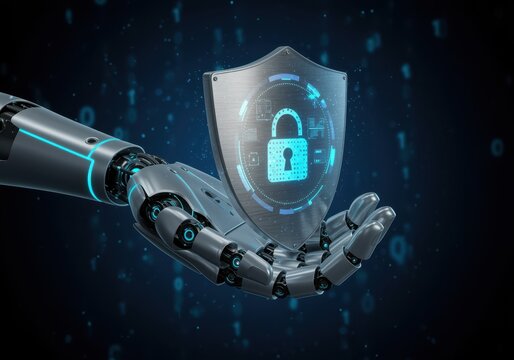 A robotic hand holding a shield with a digital padlock icon, representing artificial intelligence in cybersecurity, data protection, and advanced digital security systems.

