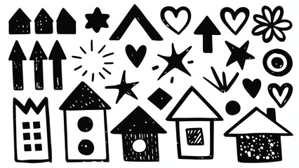 Collection of hand drawn doodle elements including houses stars hearts arrows and other geometric shapes
