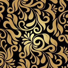 Luxury templates with golden linear leaves on black background. Line art with branches. Botanical vector illustration. Floral pattern