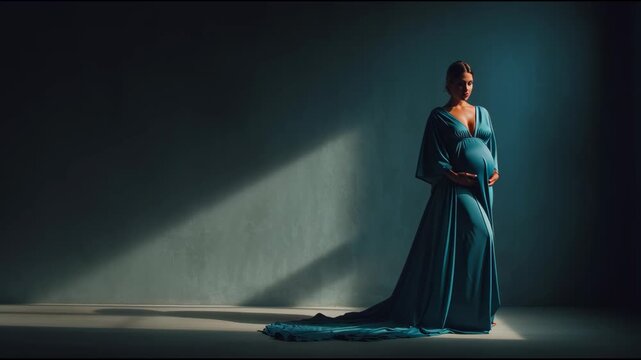 A pregnant woman stands gracefully in a flowing blue gown, showcasing her baby bump. Soft light creates a tranquil atmosphere in a simple studio