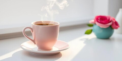 Pastel pink cup, steaming coffee, white table,  table,   minimal