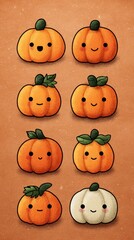 Cute pumpkin characters in various expressions on a warm autumn background featuring playful designs