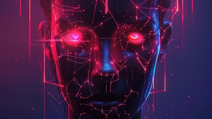 Abstract face with glowing red eyes and geometric network pattern in a dark blue and red color scheme