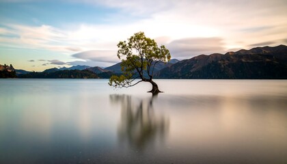 Lone Tree in Lake Wanaka, New Zealand, with Calm Water and Mountains