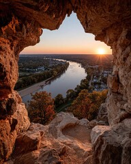 Fototapeta premium Sunset view through cave opening overlooking river valley