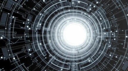 Abstract digital background with glowing center and circuit board like patterns radiating out