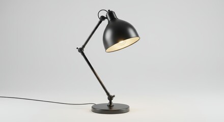 Black adjustable desk lamp illuminating a minimalist modern workspace interior