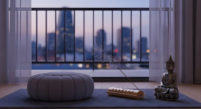 Serene meditation corner with city skyline view at dusk - Powered by Adobe