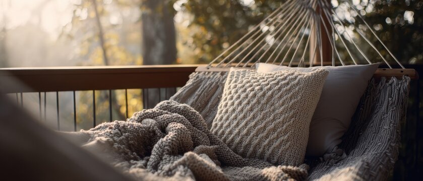 The cozy hammock adorned with blankets and pillows in a serene natural setting.
