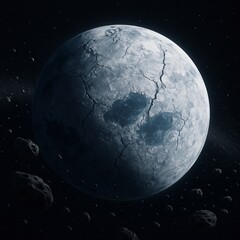 Obraz premium Distant Ice Planet Surrounded by Asteroids in Outer Space – Mysterious Frozen World Concept