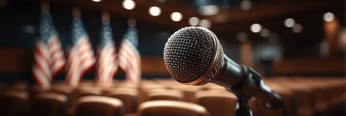 Microphone positioned for a national address in a formal venue with flags in the background during evening hours