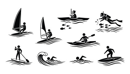 Black and White Water Sports Stick Figures Icons Set Vector Illustration