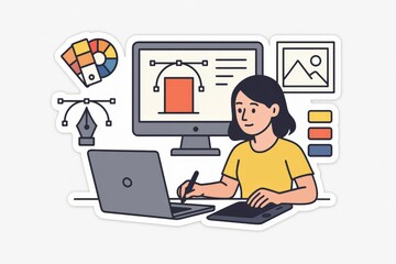 Creative female graphic designer illustrating modern digital concepts while using a stylus pen on tablet in a vibrant workspace capturing the essence of innovation and artistry