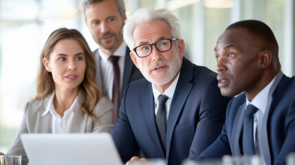 Obraz premium A group of professionals engaged in a serious discussion around a laptop in a modern office setting.